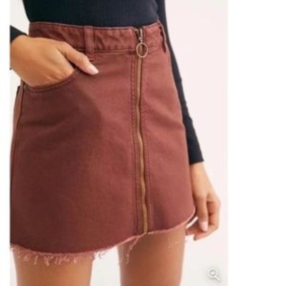 We The Free Rust Brown Red Denim Zip Front Mini Skirt with Raw Hem